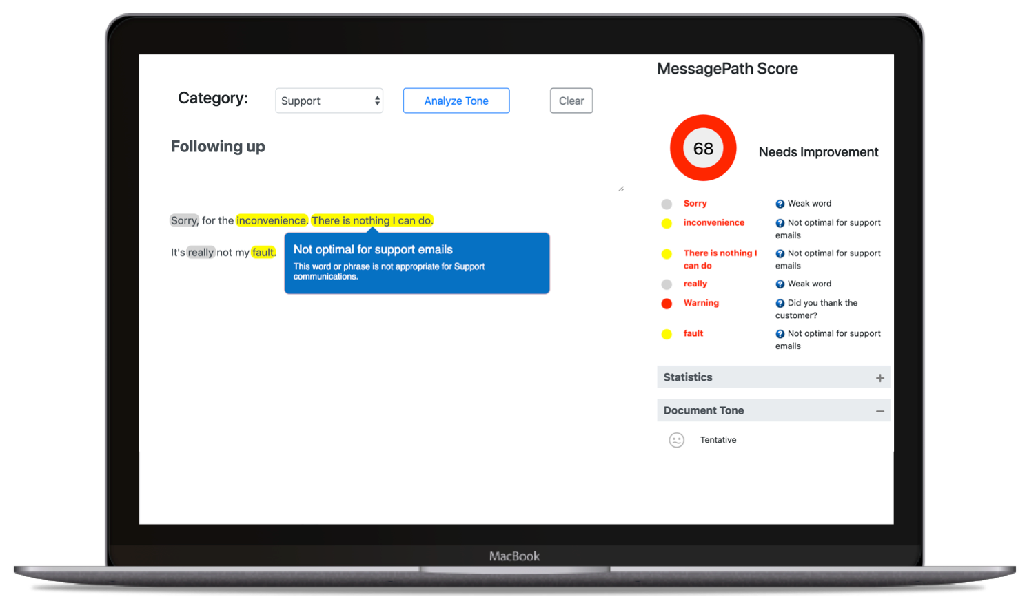 MessagePath app showing writing score and analysis on a MacBook