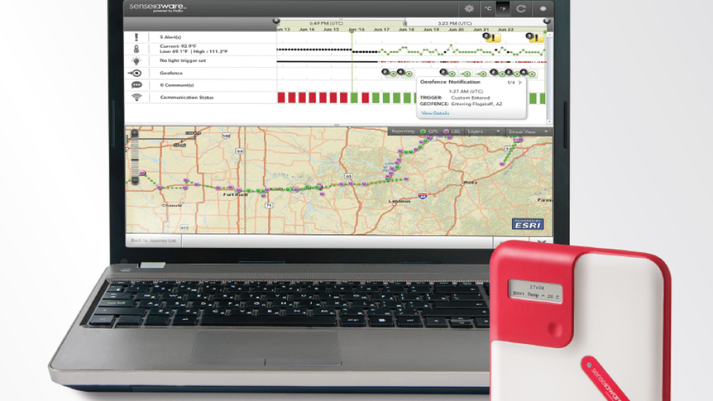 SenseAware platform on laptop with tracking device