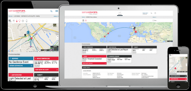 SenseAware multi-device dashboard showing map tracking
