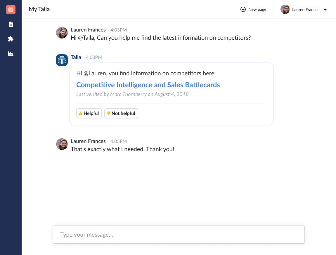 Talla chat interface showing AI answering questions
