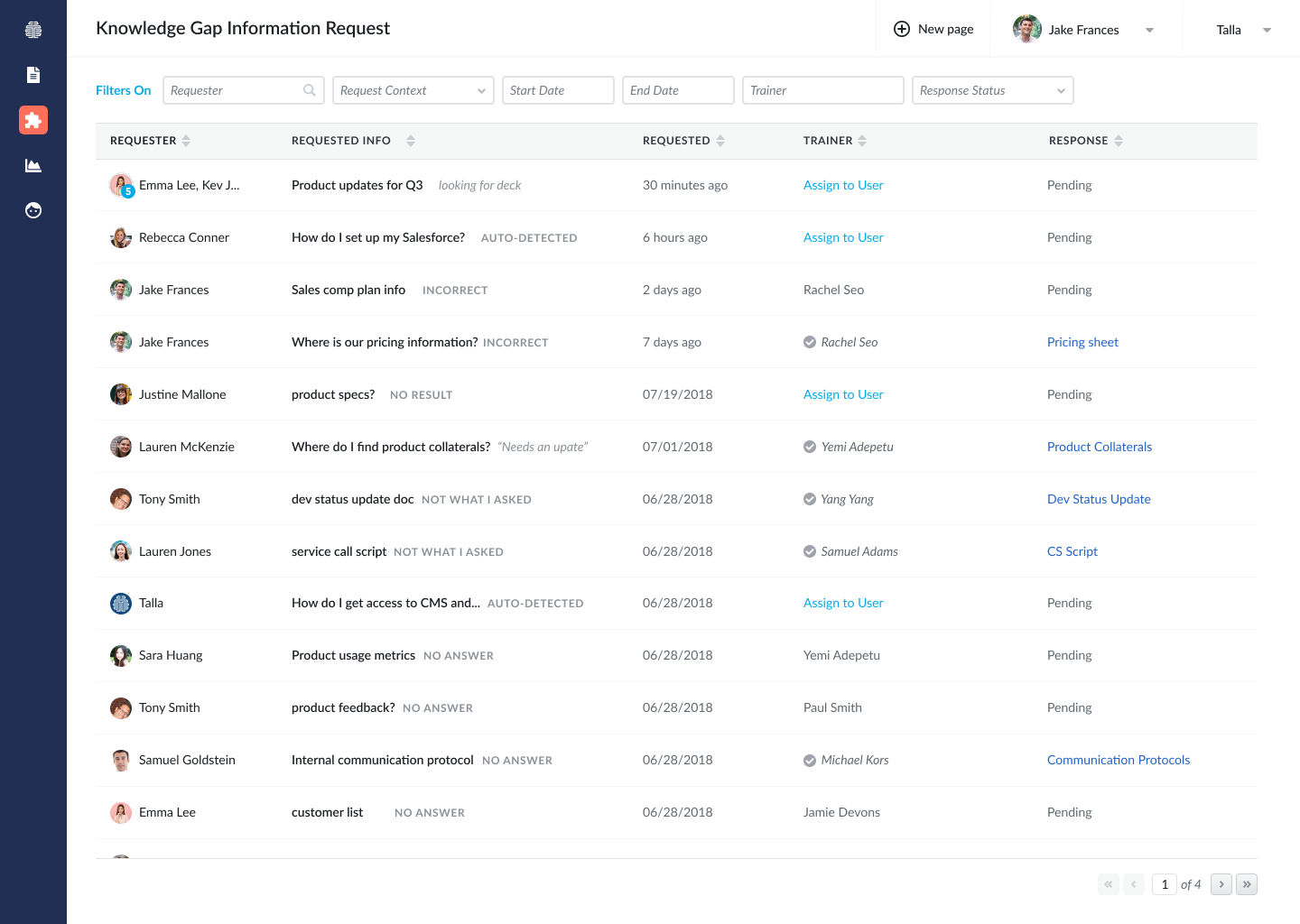 Talla knowledge gap information request tracking